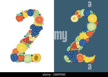 Die Zahl 2 besteht aus bunten Früchten und Beeren. Zwei verschiedene, einer auf weißem und einer auf dunkelblauem Hintergrund. Handgezeichnet in Doodle Stock Vektor