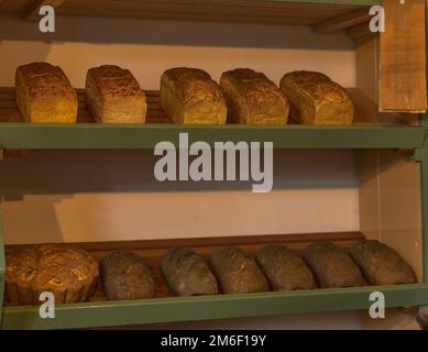 Regal mit gefüllten Brote Brot in einer Bäckerei Stockfoto