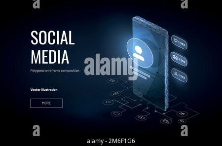 Konto in sozialen Medien. Isometrischer Low Poly Drahtmodellstil. Leiterplatte auf dem Hintergrund des Smartphones. Tools für SEO- oder SMM-Spezialisten Stock Vektor