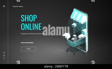 Online-Shop. Das Smartphone wurde zum Internet-Shop. Isometrischer Einkaufswagen und Smartphone mit Markise. Konzept von Marketing und E-Commerce Stock Vektor