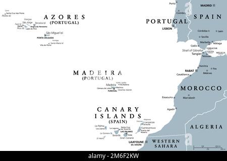 Azoren, Madeira und Kanarische Inseln, graue politische Karte. Autonome Regionen Portugals und Spaniens, Inselgruppen vulkanischer Inseln in Makaronesien. Stockfoto