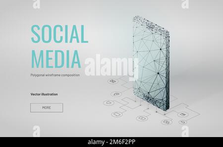 Hintergrund Smartphone auf Leiterplatte. Isometrischer Low Poly Drahtmodellstil. Tools für SEO- oder SMM-Spezialisten. Abstrakt isoliert auf weißem Hintergrund Stock Vektor