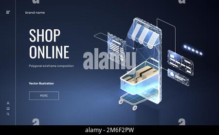 Online-Shop. Smartphone wurde zum Internet-Shop. Isometrischer Einkaufswagen und Smartphone mit Markise. Schließen Sie eine Bankkarte an, und bezahlen Sie Ihre Einkäufe. Stock Vektor