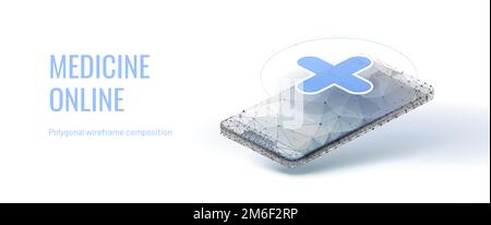Isometrisches Telefon mit Kreuz. Konzept für Online-Apotheke oder -Beratung. Polygonale Drahtmodellzusammensetzung. Abstrakt isoliert auf weißem Hintergrund Stock Vektor