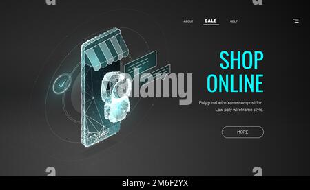 Kundendienst-Online-Shop. Smartphone – Internet-Shop. Niedrige Poly-Drahtdarstellung. Isometrisches Smartphone mit Markise, Roboter, Chatbot, Cloud-Nachricht Stock Vektor