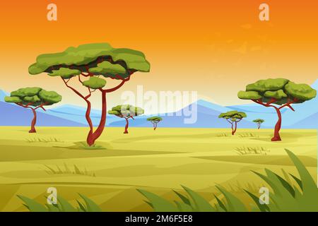 Afrikanische Savannah Landschaft, Safari mit Gras, Bäumen, Bergen, Sommerszene, Wilde Natur im Cartoon-Stil. Vektordarstellung Stock Vektor