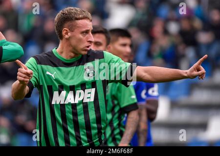 Reggio Emilia, Italien. 04. Januar 2023. Davide Frattesi von US Sassuolo reagiert während des Fußballspiels Serie A zwischen US Sassuolo und UC Sampdoria im Citta del Tricolore Stadion in Reggio Emilia (Italien), Januar 4. 2023. Foto Andrea Staccioli/Insidefoto Credit: Insidefoto di andrea staccioli/Alamy Live News Stockfoto