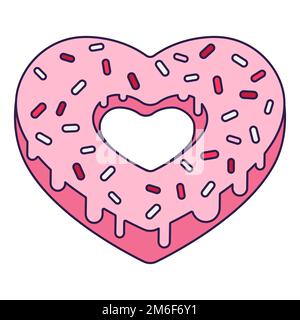 Retro-Valentinstag-Ikone mit Donut und Herzform. Liebessymbol im modischen Pop-Line-Art-Stil. Die süßen Schokoladenherzen sind zart rosa, rot Stock Vektor