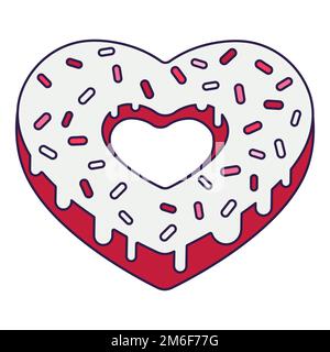 Retro-Valentinstag-Ikone mit Donut und Herzform. Liebessymbol im modischen Pop-Line-Art-Stil. Die süßen Schokoladenherzen sind zart rosa, rot Stock Vektor