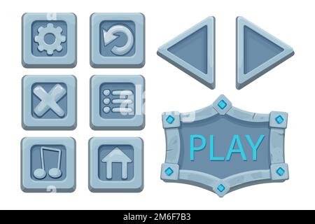 Legen Sie die Schaltflächen der Menü-benutzeroberfläche auf einem Steinblock im Comic-Stil fest, legen Sie das Designelement des Spiels fest, und isolieren Sie das Objekt auf weißem Hintergrund. Vektordarstellung Stock Vektor