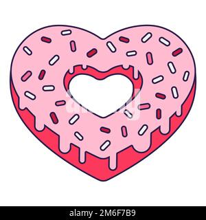 Retro-Valentinstag-Ikone mit Donut und Herzform. Liebessymbol im modischen Pop-Line-Art-Stil. Die süßen Schokoladenherzen sind zart rosa, rot Stock Vektor