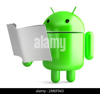 Android-Roboter liest ein Buch. 3D Abbildung. Isoliert Stockfoto