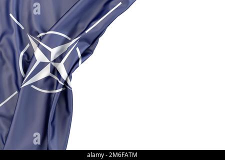 NATO-Flagge in der Ecke auf weißem Hintergrund. Isoliert Stockfoto