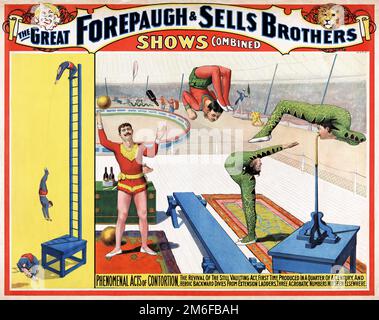 Die großen Forepaugh & Sells Brothers Shows kombiniert. Phänomenale Verdrehungen. Künstler unbekannt. Poster wurde 1899 in Frankreich veröffentlicht. Stockfoto