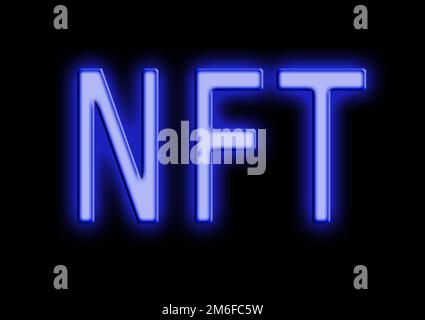 NFT ( Non-fungible Token ) Neon-Text auf schwarzem Hintergrund Stockfoto