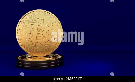 Bitcoins auf dunkelblauem Hintergrund isoliert, Bitcoin-Konzept, Kryptowährungssymbol, digitale BTC-Währung, 3D-Rendering. Stockfoto