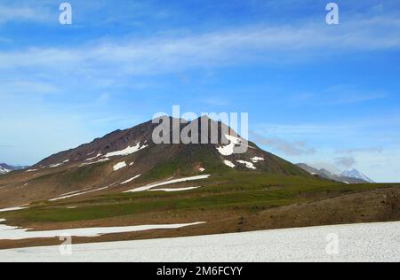 Wanderung zum Vulkan Mutnovsky Stockfoto