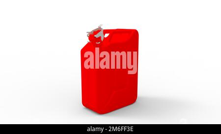 3D-Rendering eines Kanisters aus Metall, der zur Lagerung von Flüssigkeiten im Hintergrund leerer Räume verwendet wird. Benzintransport. Stockfoto