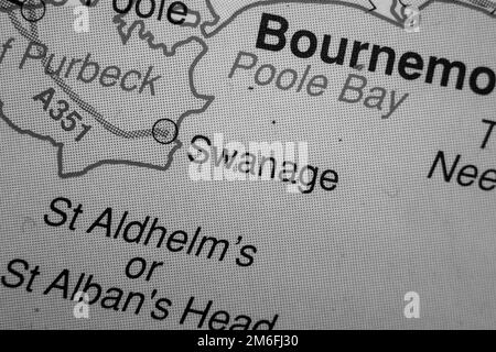 Swanage, Großbritannien, Atlas Karte Name der Stadt - schwarz-weiß Stockfoto