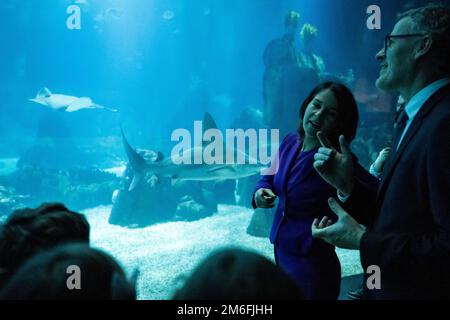 Lissabon, Portugal. 04. Januar 2023. Annalena Baerbock (2. von rechts, Bündnis 90/die Grünen), Außenministerin, besucht das Ozeanarium. Kredit: Christophe Gateau/dpa/Alamy Live News Stockfoto