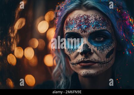 Frau mit Calavera (mexikanischer Zuckerschädel) Make-up, bunter, blumiger Schädel für Dia de los muertos (Tag der Toten) Stockfoto