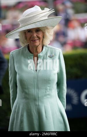 Ascot, Berkshire, Großbritannien. 23. Juli 2022. Camilla, Herzogin von Cornwall, trägt heute einen großen weißen Hut und einen blassgrünen Etuikittel beim QIPCO King George Diamon Weekend in Ascot Races. Kredit: Maureen McLean/Alamy Stockfoto