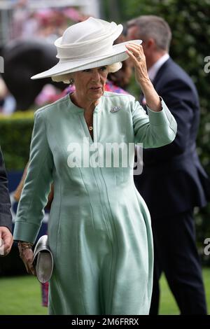 Ascot, Berkshire, Großbritannien. 23. Juli 2022. Camilla, Herzogin von Cornwall, trägt heute einen großen weißen Hut und einen blassgrünen Etuikittel beim QIPCO King George Diamon Weekend in Ascot Races. Kredit: Maureen McLean/Alamy Stockfoto