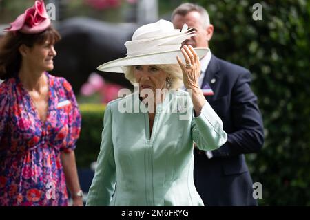 Ascot, Berkshire, Großbritannien. 23. Juli 2022. Camilla, Herzogin von Cornwall, trägt heute einen großen weißen Hut und einen blassgrünen Etuikittel beim QIPCO King George Diamon Weekend in Ascot Races. Kredit: Maureen McLean/Alamy Stockfoto