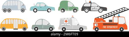 Sammlung motorisierter Fahrzeuge, skandinavische Vektordarstellung für Kinder Stock Vektor