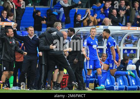 Birmingham City Manager Gary Rowett feiert gemeinsam mit David Davis aus Birmingham Citys, wie er es 1-1 schafft - Birmingham City gegen Aston Villa, Sky Bet Championship, St Andrew's, Birmingham - 30. Oktober 2016. Stockfoto