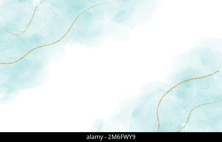 Abstrakte blaue Aquarell- oder alkoholische Tinte mit weißem Hintergrund, goldenem Glitzer. Pastellfarbener Marmor-Zeicheneffekt. Vorlage für die Illustration einer Hochzeit Stockfoto