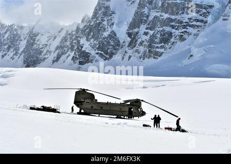 Auf dem Kahiltna-Gletscher parkt ein CH-47F-Chinook-Hubschrauber, während die Soldaten der Bravo Company, des 1. Bataillons, des 52. Luftfahrtregiments, auch bekannt als Sugar Bears, die Ausrüstung für den National Park Service im Bergsteigerbasislager entladen. (FOTO DER US-Armee, Eve Baker, Fort Wainwright Public Affairs Office) Stockfoto