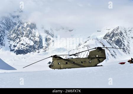 Auf dem Kahiltna-Gletscher parkt ein CH-47F-Chinook-Hubschrauber, während die Soldaten der Bravo Company, des 1. Bataillons, des 52. Luftfahrtregiments, auch bekannt als Sugar Bears, die Ausrüstung für den National Park Service im Bergsteigerbasislager entladen. (FOTO DER US-Armee, Eve Baker, Fort Wainwright Public Affairs Office) Stockfoto