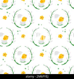 Happy Easter Vector Nahtloses Muster. Küken, die aus einem Ei schlüpfen, Weidenäste, Blumen. Festliches Konzept. Überraschung. Urlaubshintergrund. Design für Stock Vektor