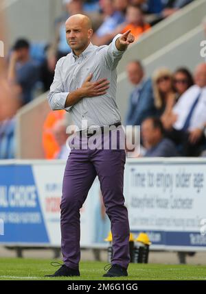 Manager von Exeter City, Paul Tisdale - Colchester United gegen Exeter City, Sky Bet League Two, Weston Homes Community Stadium, Ipswich - 3. September 2016. Stockfoto