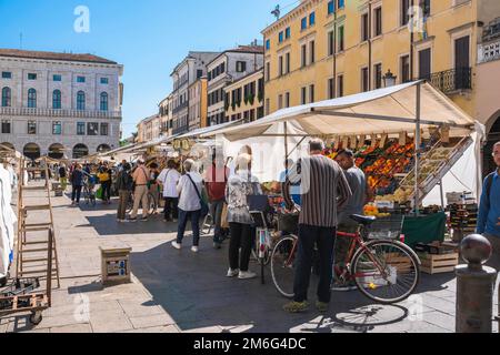 Padua Markt, sehen Sie im Sommer Menschen, die Obst und Gemüse auf dem täglichen Markt auf der Piazza delle Erbe, Stadt Padua, Veneto, Italien kaufen Stockfoto