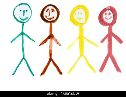 Vier bunte Menschen, als Symbol für die Vielfalt der Nationalitäten, eine von Hand gezeichnete Aquarellzeichnung Stockfoto
