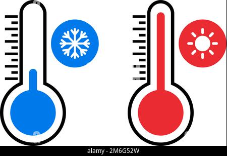 Symbolsatz für heiße und kalte Thermometer. Sommer- und Winterthermometer. Sonne und Schneeflocke. Bearbeitbarer Vektor. Stock Vektor