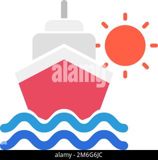 Symbol für Meer, Schiff und Sonne. Kreuzfahrtschiff am Morgen. Bearbeitbarer Vektor. Stock Vektor