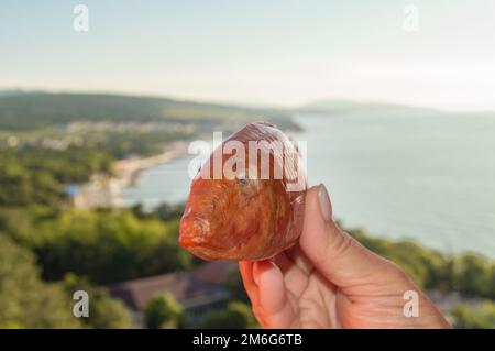 Die Hand einer Frau hält einen gebratenen Lammfisch auf dem Hintergrund einer Meereslandschaft Stockfoto