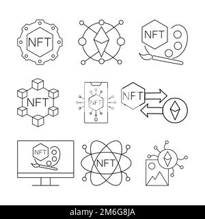 Symbolgruppe der NFT-Technologielinie. Krypto- oder Logo-Symbol-Vektordarstellung. EPS 10 Stock Vektor