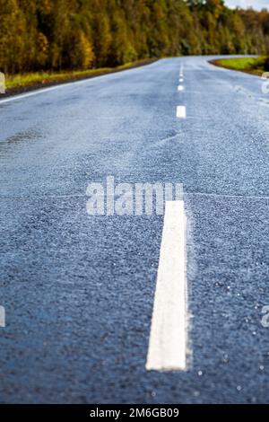 Gerade asphaltierte Straße mit Markierungen, die in die Ferne durch Stockfoto