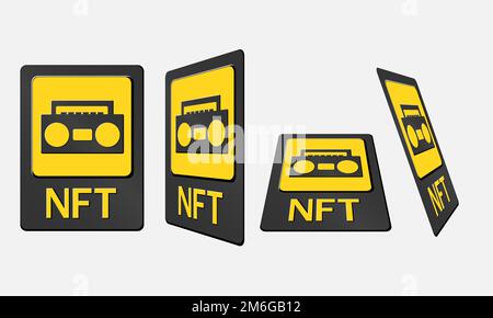 3D Token-NFT-Karten in kryptografischem Bildmaterial. NFT-Karte mit Musik in Perspektive, Draufsicht in isometrischer und Frontalansicht. Nicht fungierbares Token mit Informationen Stock Vektor