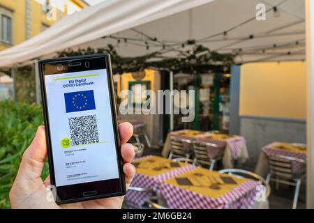 Frau zeigt auf dem Smartphone EU Digital Covid Zertifikat Green Pass. Stockfoto