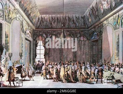 Der Putsch vom 30. Prairialjahr VII (Putsch d'Etat du 30 prairial an VII), auch bekannt als die Revenge of the Councils - Journees des 28 29 30 prairial an VII (16, 17, 18 juin 1799): Coup d'Etat du 30 prairial an VII (18 juin 1799) dit aussi 'la revanche des conseils et Demission de plusieurs Directeurs'. Stockfoto