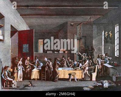 Revolution francaise et mouvement contre revolutionnaire : Interieur d'un comite revolutionnaire sous la terreur annee 1793-1794. Stockfoto