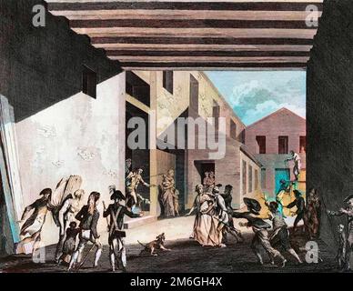 Revolution Francaise et mouvement contre revolutionnaire : Arrestation de Cecile Renaud (ou Cecile Aimee Renault, 1774-1794) apres avoir tente d'asssiner Robespierre chez lui le 22 Mai 1794. Stockfoto