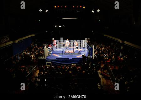 Boxer kämpfen in York Hall London während der Undercard von Ian Napa von England gegen Carmelo Ballone von Belgien um den Titel des European Bantamweight Stockfoto