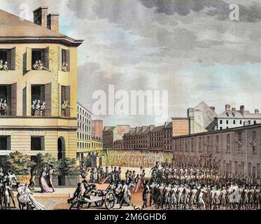 Revolution francaise et mouvement contre revolutionnaire : Desarmement du faubourg Saint Antoine le 4 prairial an III (23 Mai 1795). Gravure de Berthaut Stockfoto