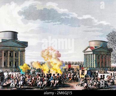 Guerre de la Revolution francaise et mouvement contre revolutionnaire : Troubles au depart des ex-deputes Jean Marie Collot, dit Collot d'Herbois (1749-1796), Jacques Nicolas Billaud Varenne (1756-1819) et Bertrand Barere de Vieuzac (1755-1841) pour la deportation le 1 avril 1795. Gravure de Berthaut d'apres Girardet. Stockfoto